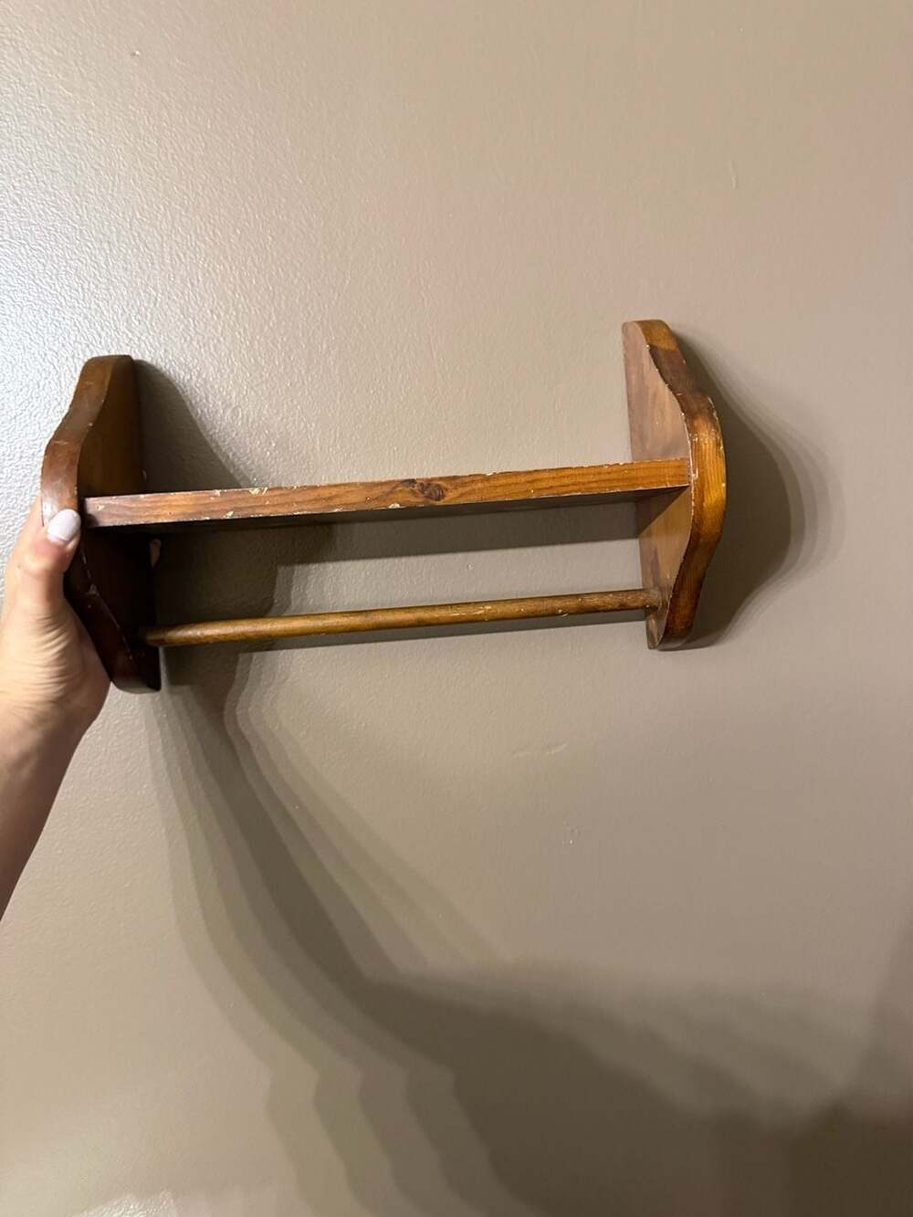 Vintage Brown Stained Pine Wooden Wall Shelf with Dowel Towel Bar